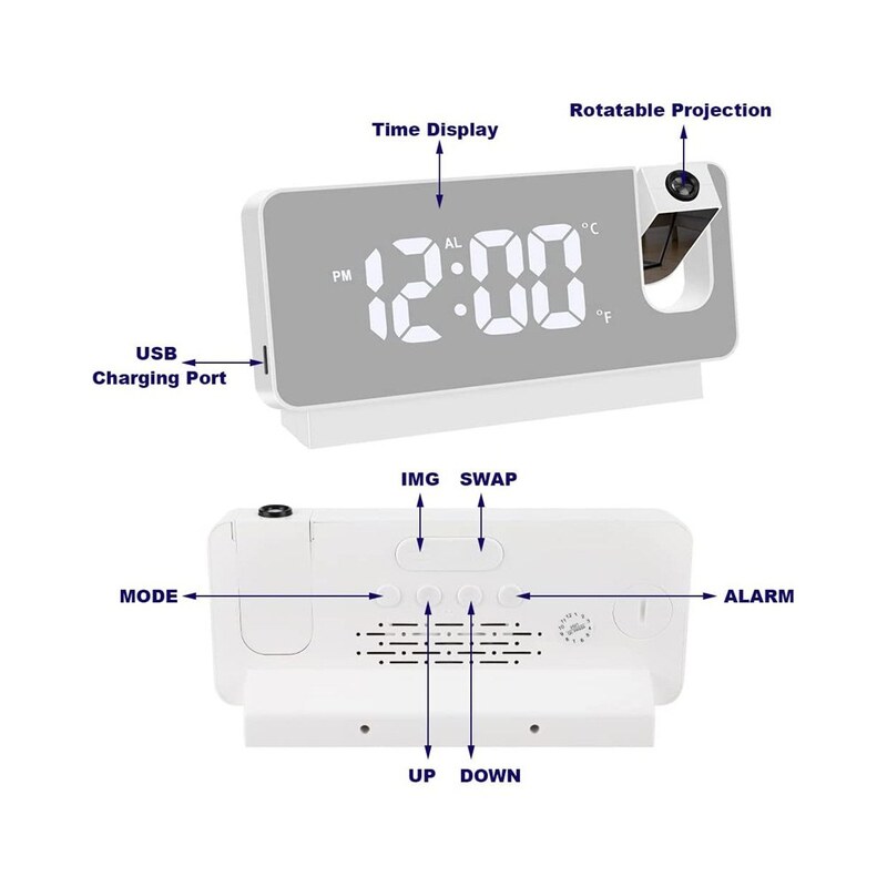 ساعت دیجیتال پروژکتوری آینه ای بدنه سفید رومیزی مدل S282