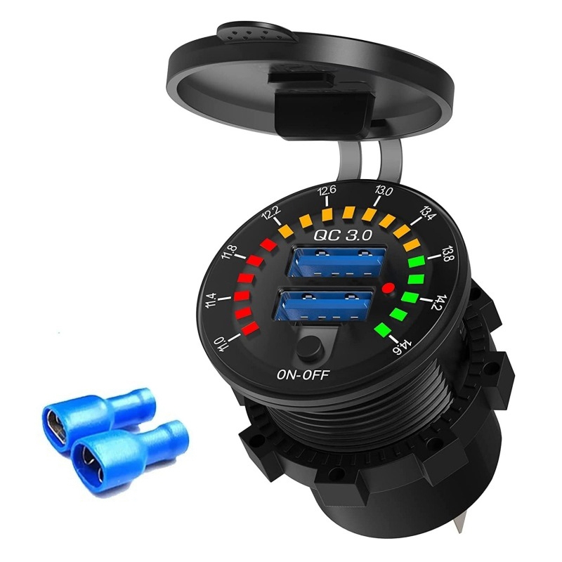 شارژر USB خودرویی روپنلی دوخروجی فست شارژ QC3.0 با کلید ON/OFF و نشانگر ولتاژ شارژر USB خودرویی روپنلی دوخروجی فست شارژ QC3.0 با کلید ON/OFF و نشانگر ولتاژ